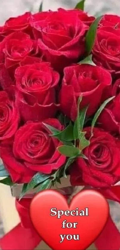 Romantic red roses bouquet with love message.