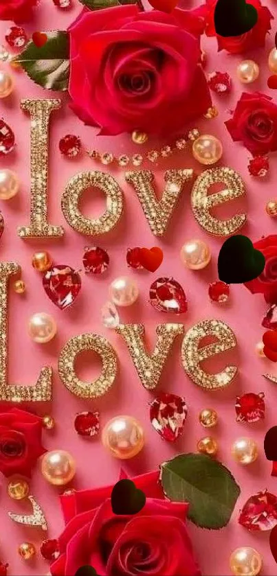 Romantic pink wallpaper with red roses and gold 'Love' letters.