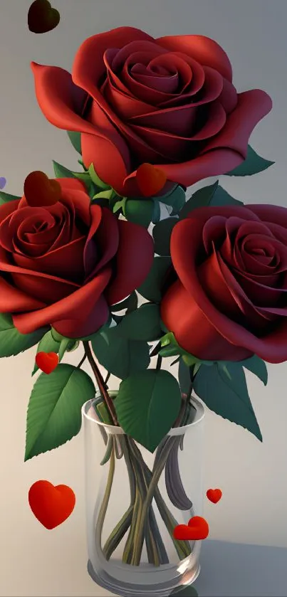 Elegant bouquet of red roses in a vase with heart shapes and leaves.