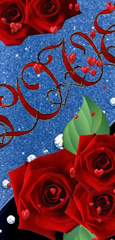 Romantic red roses with love typography on a sparkling blue background.