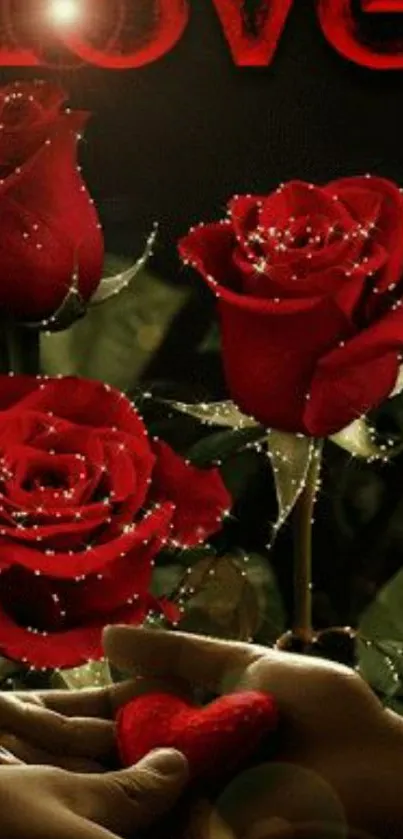 Romantic wallpaper with red roses, heart, and love text.