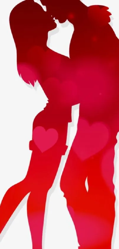 Romantic red silhouette of a couple in an embrace on a mobile wallpaper.