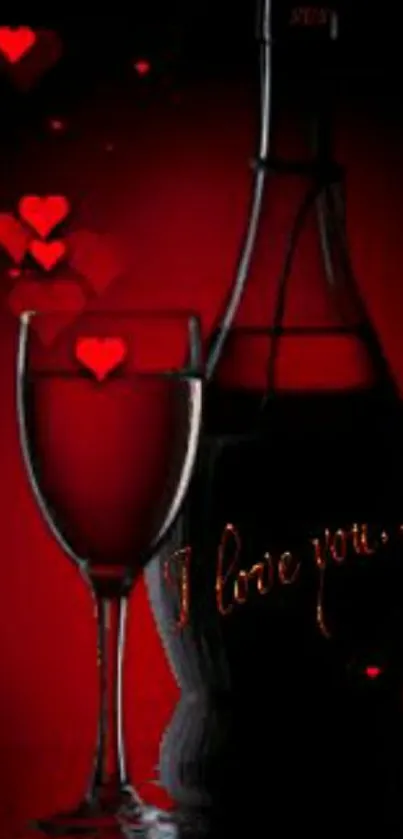 Romantic red wine wallpaper with glowing hearts.