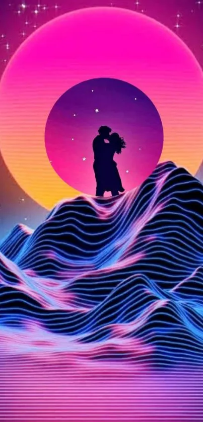 Romantic retro neon mountain with silhouette under starry sky.