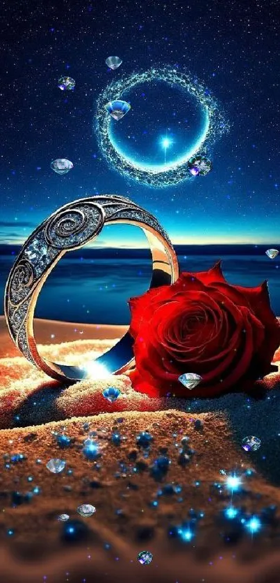 Silver ring with red rose on sandy beach under starry sky.