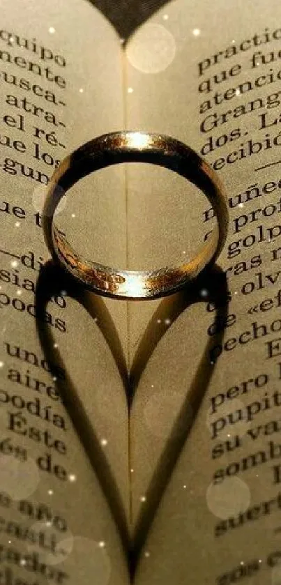 Ring casting a heart shadow on an open book.