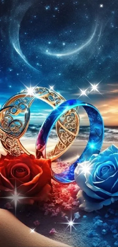 Romantic wallpaper with rings and roses on sandy beach.