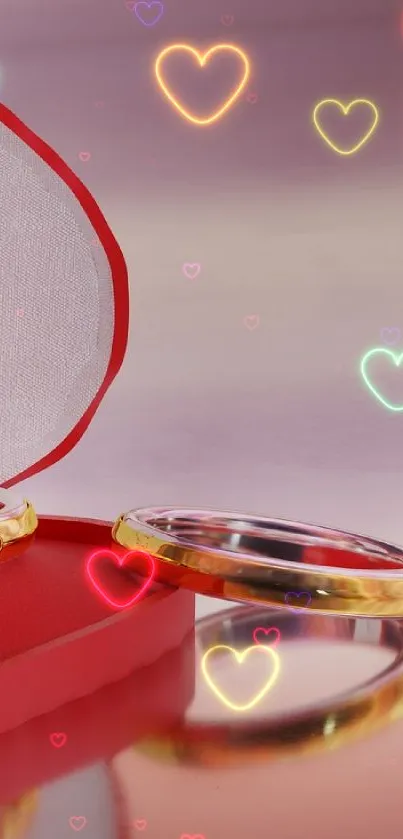 Romantic rings in a heart-shaped box with soft pink background.