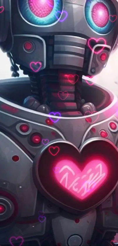 Futuristic robot with glowing heart under moonlight, surrounded by red hearts.