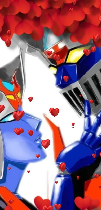 Romantic robots embrace in vibrant art wallpaper.