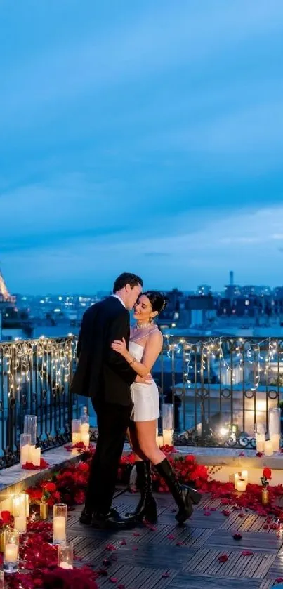 Romantic couple on a Paris rooftop with Eiffel Tower view.