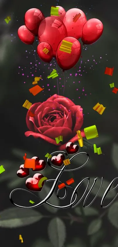 Romantic wallpaper with red balloons, rose, love confetti on dark background.