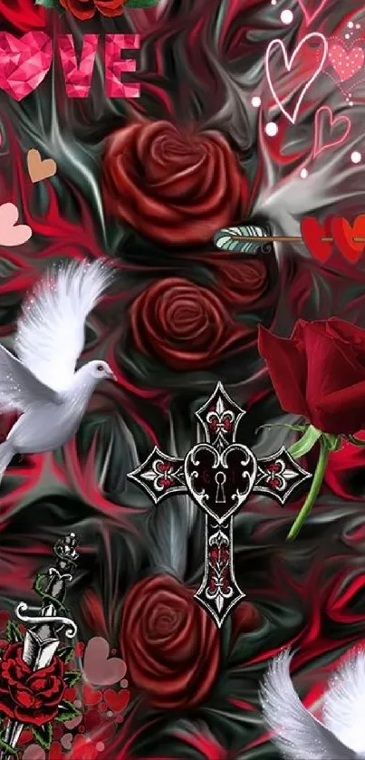 Romantic mobile wallpaper with roses, doves, and love symbols.