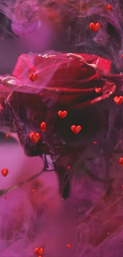 Romantic rose with floating red hearts and pink mist.