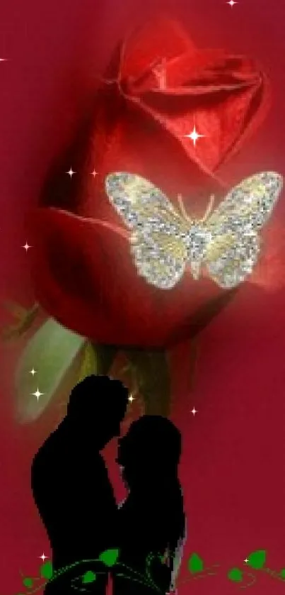 Silhouette couple with butterfly on rose wallpaper in dark red.