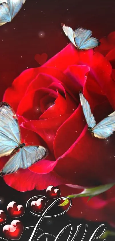 A vibrant red rose with blue butterflies on a mobile wallpaper.