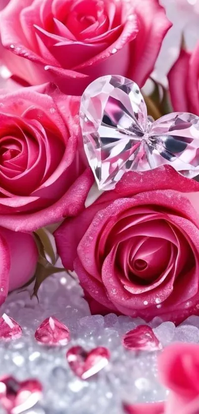 Pink roses with a crystal heart mobile wallpaper.