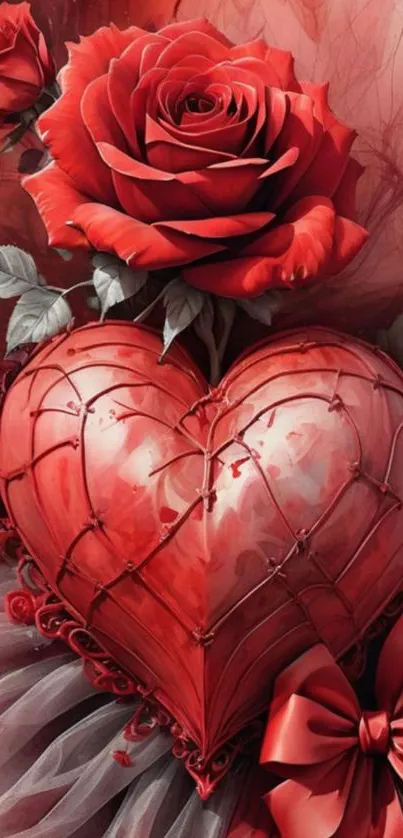 Romantic red rose with heart design wallpaper.