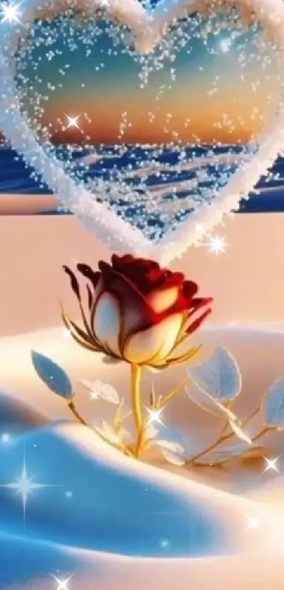 Red rose on a sandy beach with water heart above.