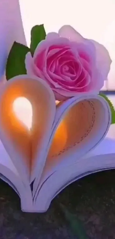 Pink rose and heart-shaped book pages create romantic wallpaper.