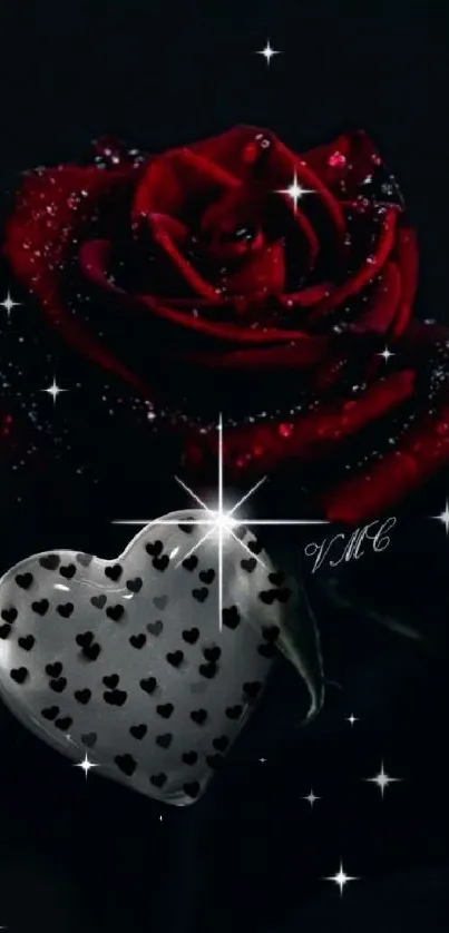 Dark background with vibrant red rose and heart design.