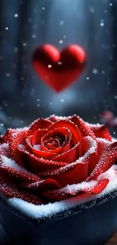 Red rose with snowy heart design wallpaper.