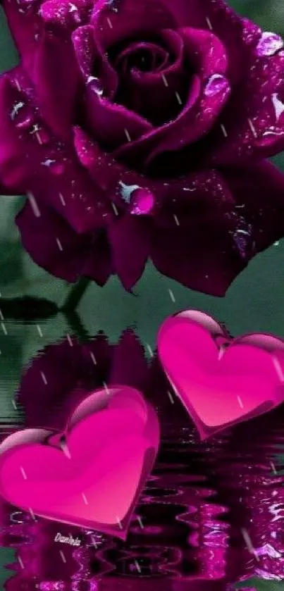 Purple rose with pink hearts reflection in water.