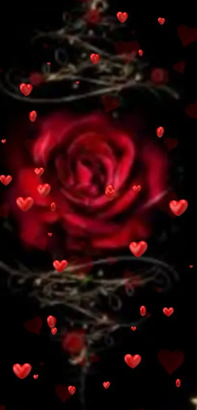 Romantic wallpaper with a red rose and heart accents on a black background.