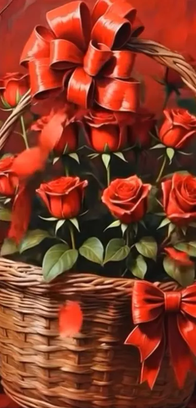 Basket of vibrant red roses with bows.