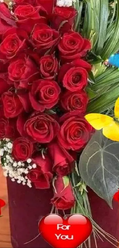 Romantic bouquet of red roses with butterflies.