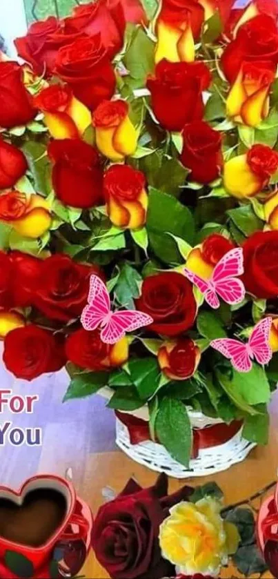 Romantic bouquet with red and yellow roses, butterflies, and hearts.