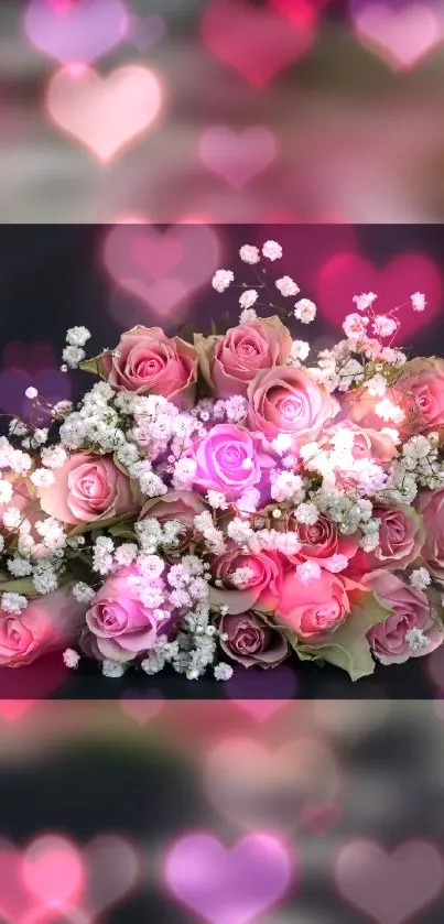 Romantic pink rose bouquet with heart-shaped bokeh.