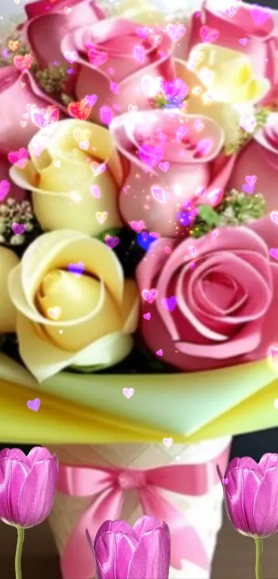 Vibrant pink and yellow rose bouquet with heart sparkles.