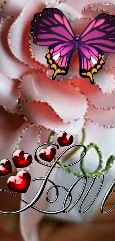 Romantic mobile wallpaper with pink rose and butterfly design.