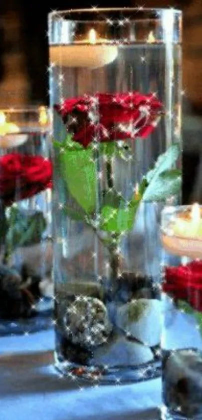 Red roses and candles in glass vases create a romantic wallpaper.