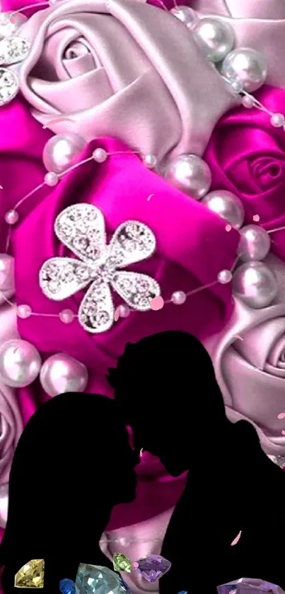 Silhouette couple with pink roses and pearls mobile wallpaper.