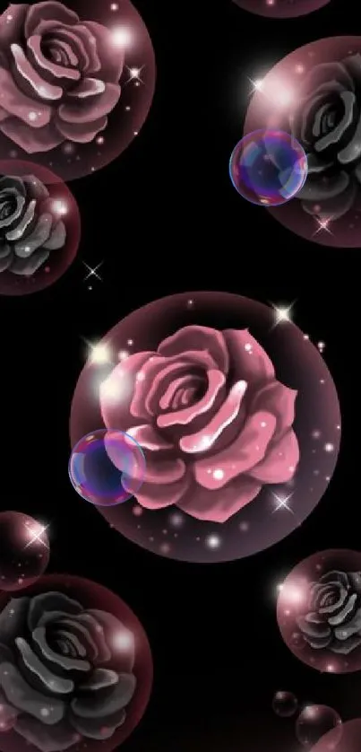 Glowing rose bubbles on black background wallpaper.