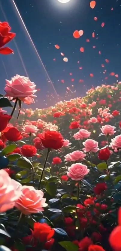 Moonlit garden with vibrant roses and serene night sky.