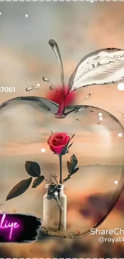 Romantic rose encased in a glass apple with a dreamy, artistic background.