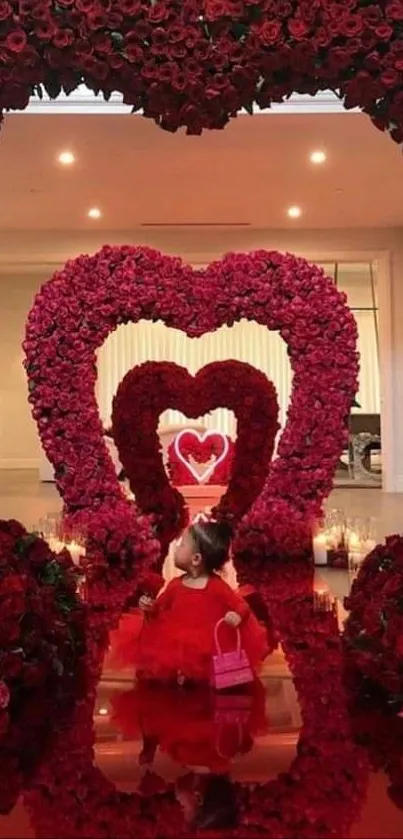 Romantic rose heart archway with child in red dress.