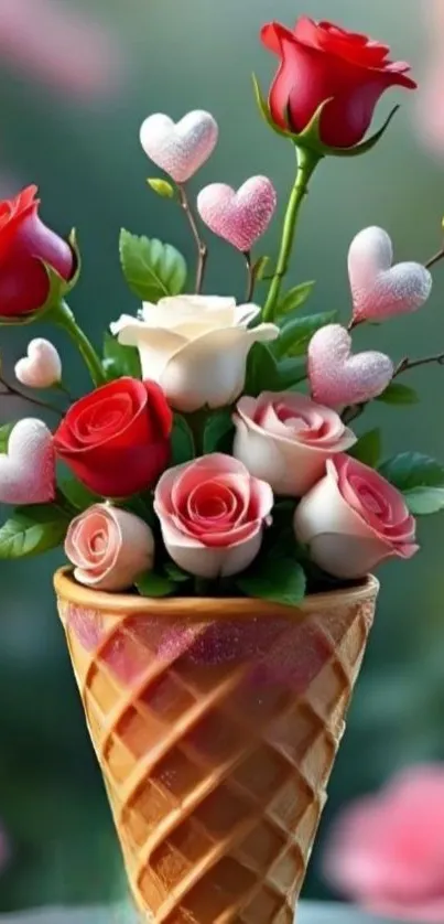 Romantic rose and heart arrangement in a waffle cone.