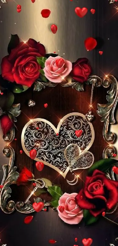 Elegant heart with rose accents in vintage style wallpaper.