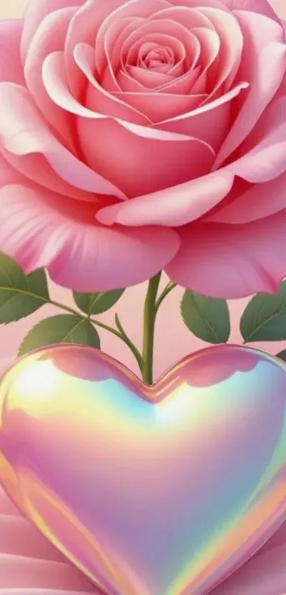 Pink rose with shimmering heart reflection wallpaper.