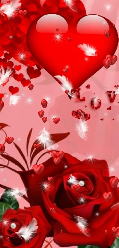 Romantic wallpaper with red roses and hearts on a pink background.