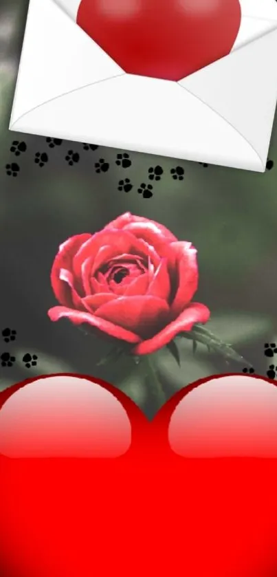 Red rose and heart design with black paw prints on a mobile wallpaper.