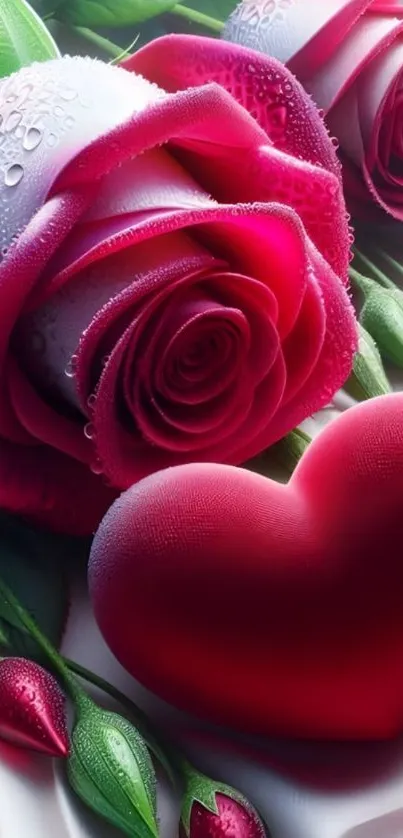 Romantic red roses and a heart shape with dewdrops on a serene background.
