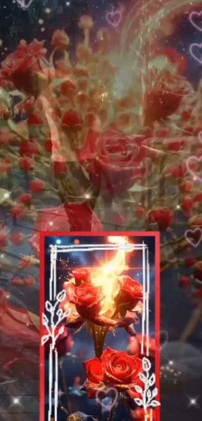 Romantic wallpaper with red roses and heart motifs.