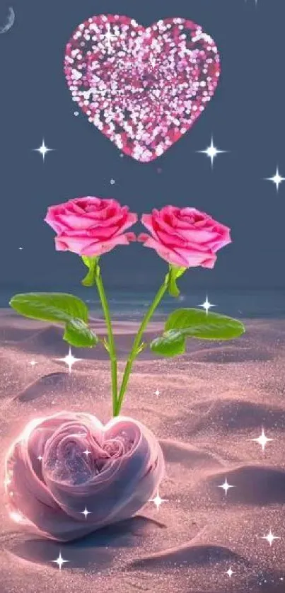 Romantic wallpaper with pink roses and heart on a dark sandy beach.