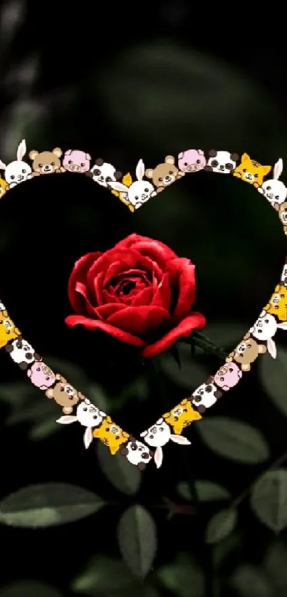 Heart-shaped frame with a red rose and cute animal illustrations.