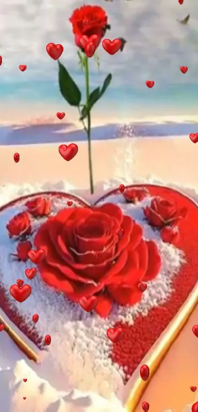 Red rose on a heart-shaped platform with a serene sky background.